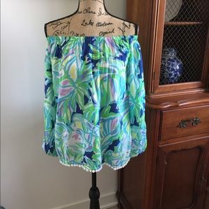 Lilly Pulitzer off the shoulder blouse w/ pompoms